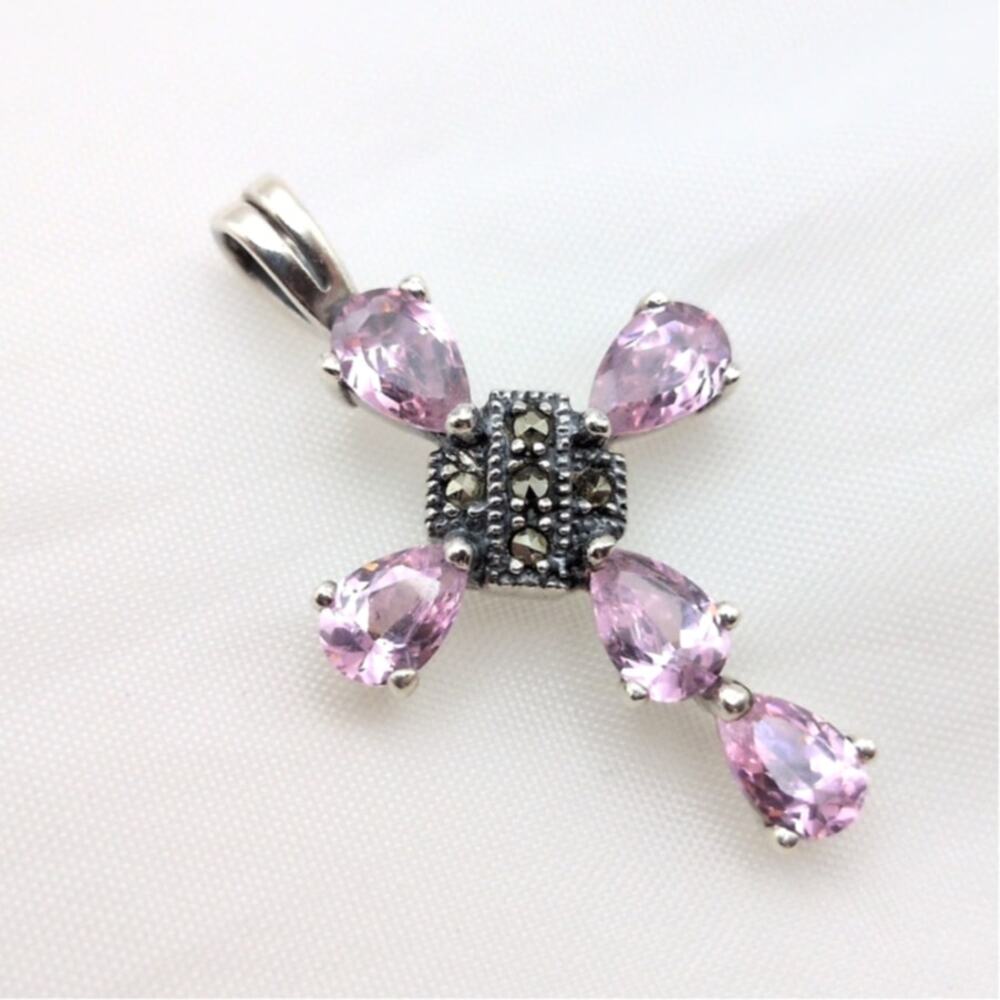 Vintage Sterling Silver 925 Cross Oxidized Marcasite Pink Crystal 1.20in 2.75g